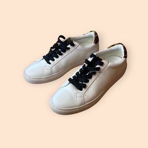 J Crew White Leather Saturday Sneakers with Leopard Calf Hair Detail
